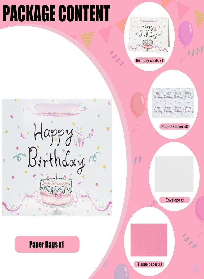 Oletx 13" Large Happy Birthday Pink Paper Bags,Pink Gift Party Favor Bags with Tissue Paper Birthday Card for Women' Party,Mother's Day - Image 3